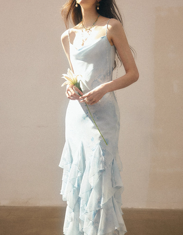 Blue Mermaid Spaghetti Strap Ruffle Chiffon Long Prom Dress Party Dress HZ1023